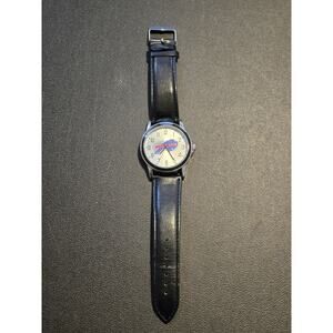 Buffalo Bills Watch Mens Black Leather Strap Analog Team Logo Silver Case NFL